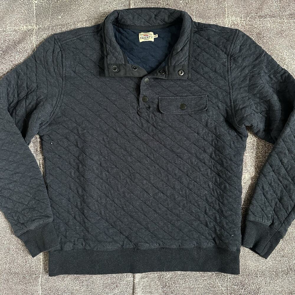 Men's Faherty Epic Quilted Fleece Pullover Navy Blue Melange Snap T Jacket Sz M